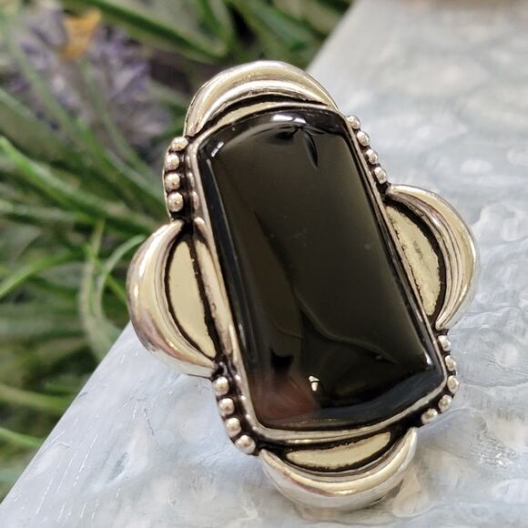 Black Stone Statement Ring, Sterling Silver Ring, 1.27 Inch Stone, Size 7.25 - Picture 1 of 9